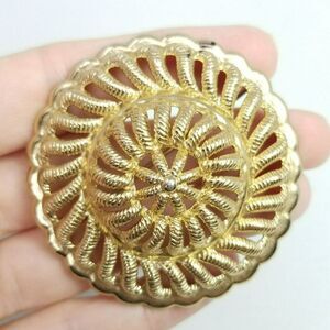 Vintage Monet Gold Tone Dome Spiral Round Brooch, Retro Lapel Pin, Signed